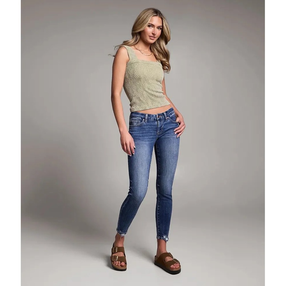 BKE Stella Low Rise Ankle Skinny Jeans Blue Distressed Frayed Hem Size 24